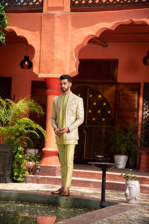 Resham Silk Embroidered Pastel Green Indowestern Set For Male Online- Lagan Wedding