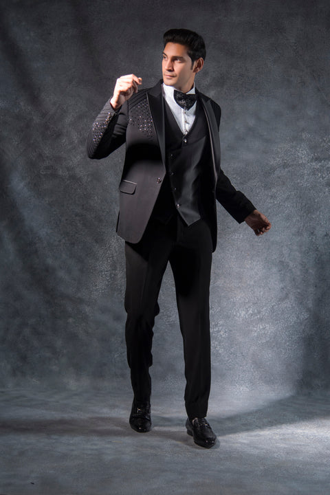 Black Italian Tuxedo  Suit With Pintex Detailing