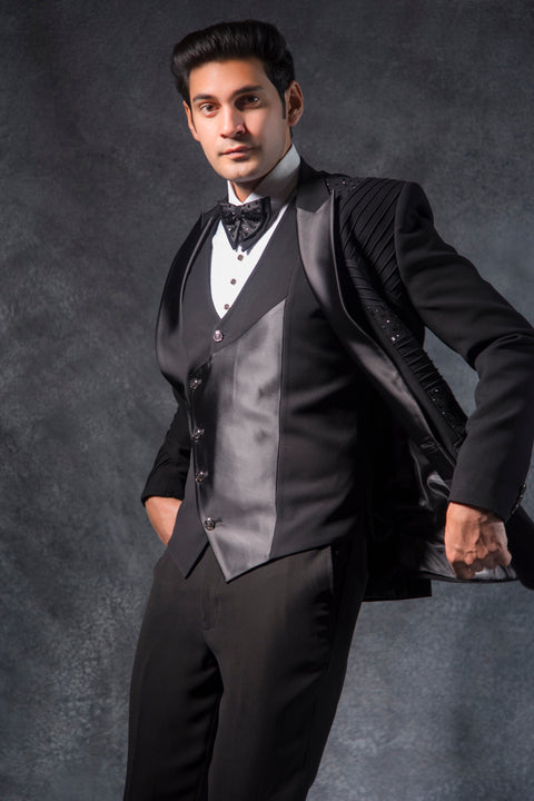 Black Italian Tuxedo  Suit With Pintex Detailing