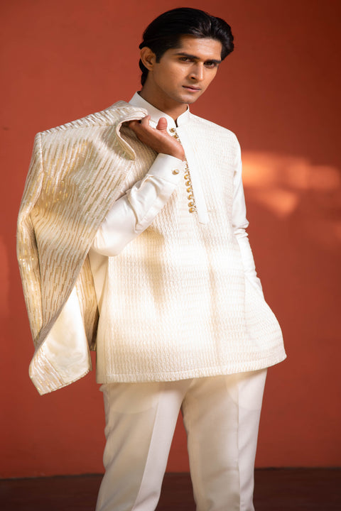 Buy Cream Golden Sequins Silk Embroidered Indowestern Set For Male Online