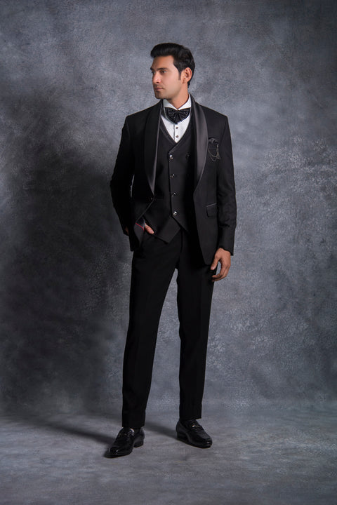 Black Shawl Collar Tuxedo in Terry Rayon