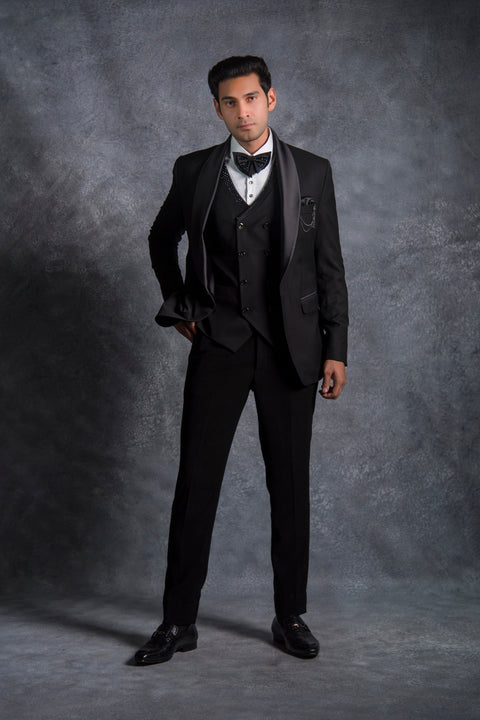 Black Shawl Collar Tuxedo in Terry Rayon