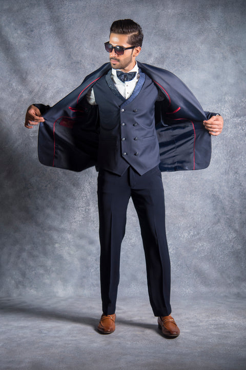 Navy Blue Shawl Collar Tuxedo in Terry Rayon
