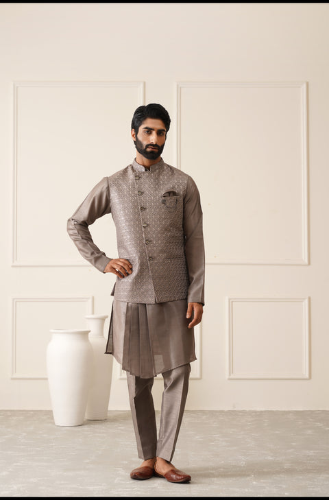 Dark Grey Resham And Sequins Embroidered Waistcoat Kurta Set