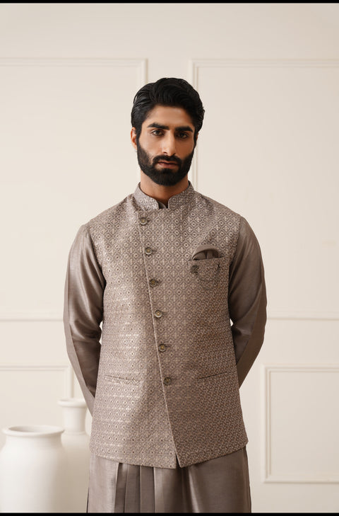 Dark Grey Resham And Sequins Embroidered Waistcoat Kurta Set