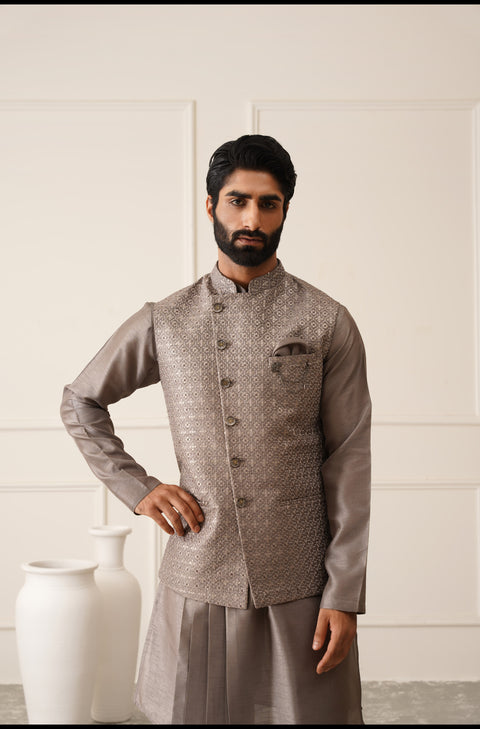 Dark Grey Resham And Sequins Embroidered Waistcoat Kurta Set