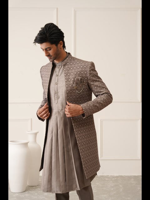 Dark Grey Resham And Sequins Embroidered Indowestern Set