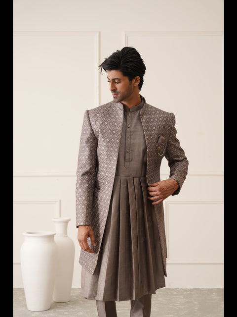 Dark Grey Resham And Sequins Embroidered Indowestern Set