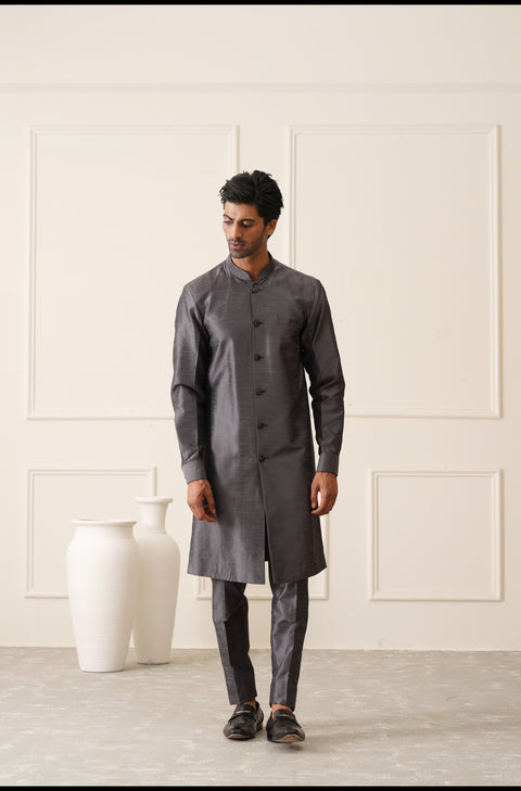 Dark Gray Thread Embroidered Open Indowestern Set