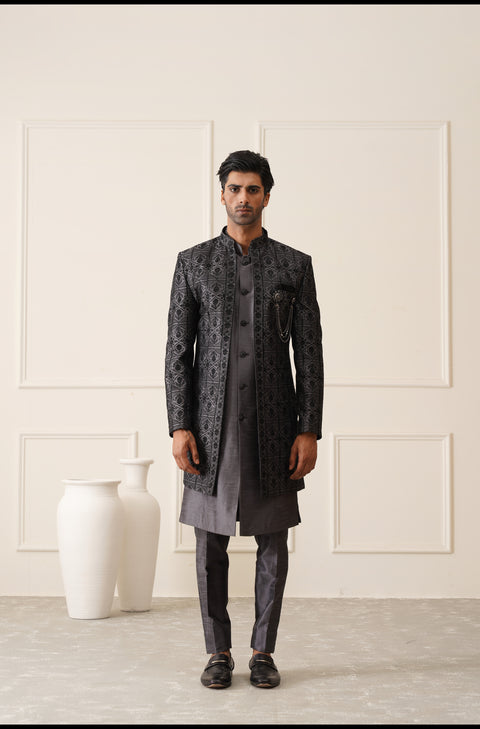 Dark Gray Thread Embroidered Open Indowestern Set