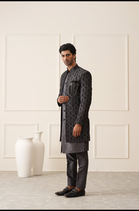 Dark Gray Thread Embroidered Open Indowestern Set