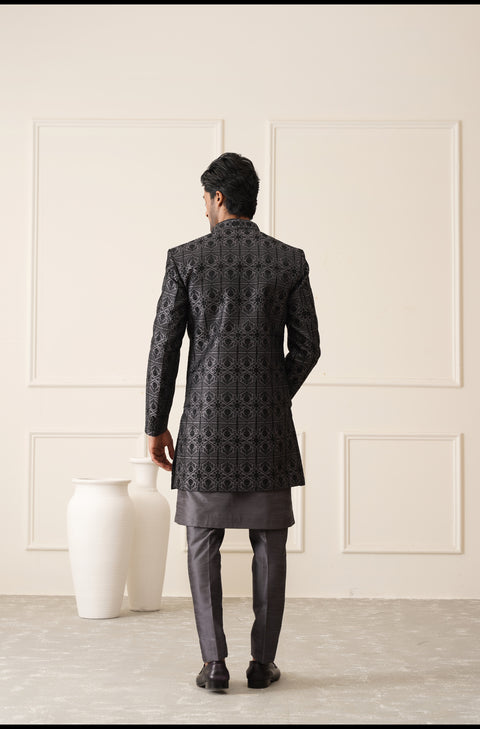 Dark Gray Thread Embroidered Open Indowestern Set