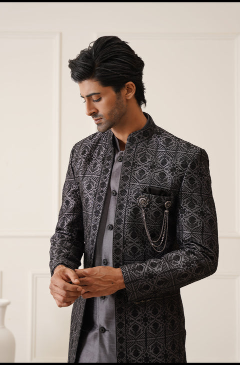 Dark Gray Thread Embroidered Open Indowestern Set