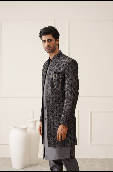 Dark Gray Thread Embroidered Open Indowestern Set