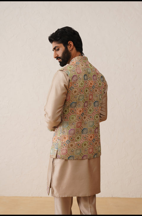 Rose Gold Thread Embroidered Waistcoat Kurta Set