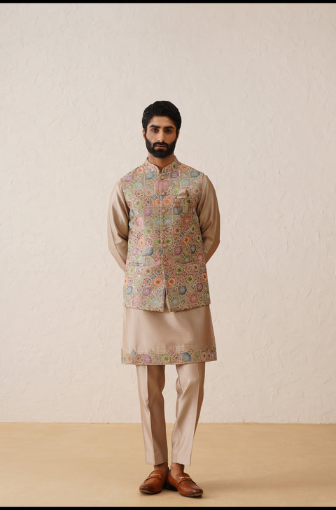 Rose Gold Thread Embroidered Waistcoat Kurta Set