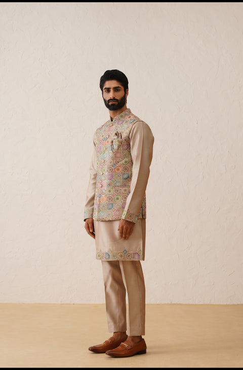 Rose Gold Thread Embroidered Waistcoat Kurta Set