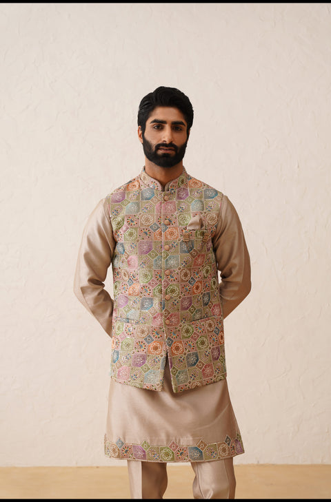 Rose Gold Thread Embroidered Waistcoat Kurta Set