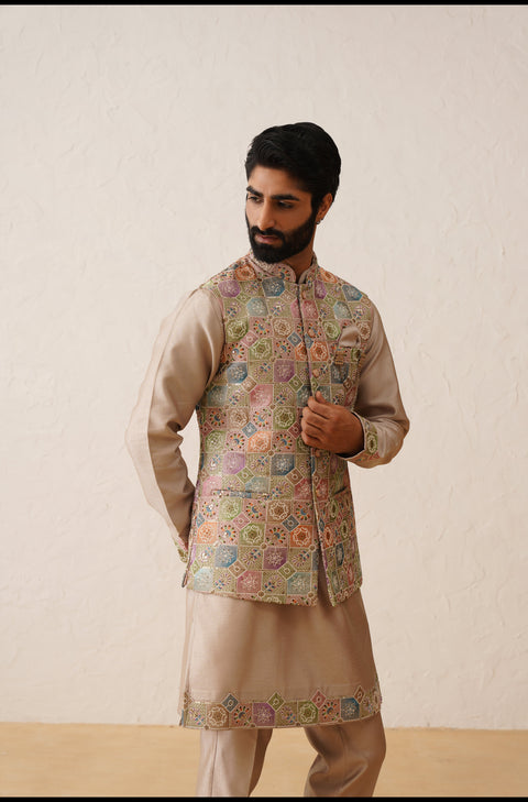 Rose Gold Thread Embroidered Waistcoat Kurta Set