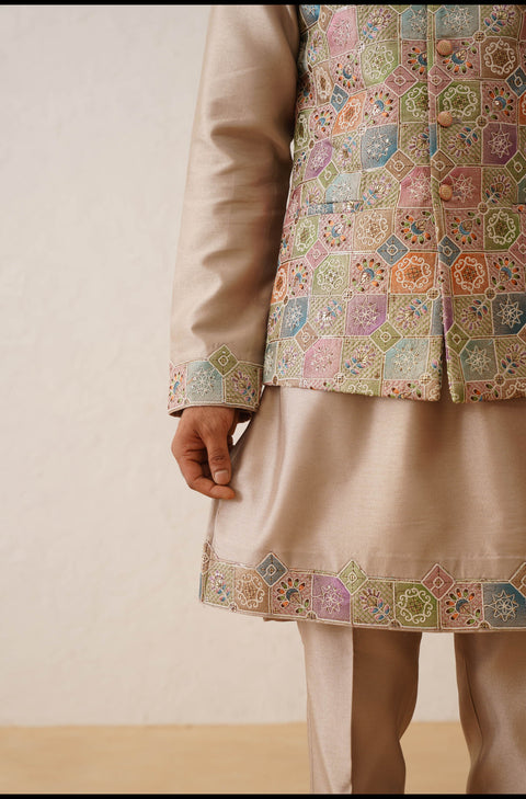 Rose Gold Thread Embroidered Waistcoat Kurta Set