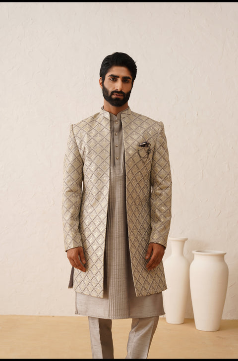 Gray Sequins And Resham Embroidered Open Indowestern