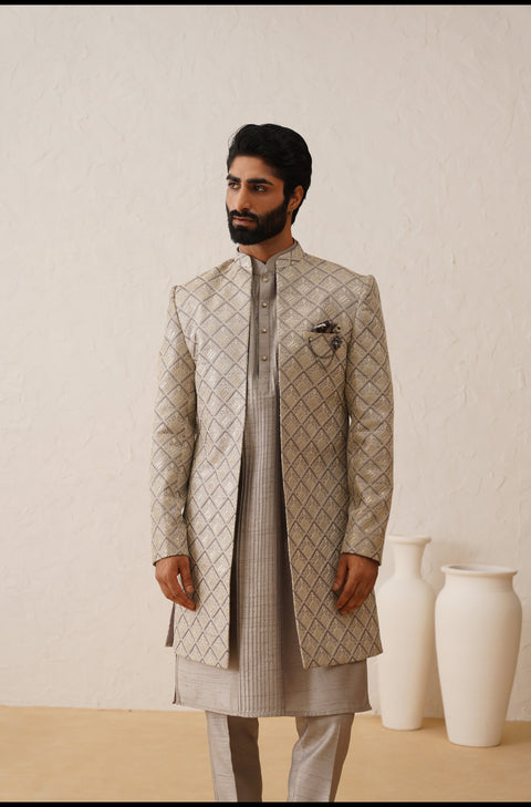 Gray Sequins And Resham Embroidered Open Indowestern