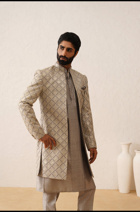 Gray Sequins And Resham Embroidered Open Indowestern