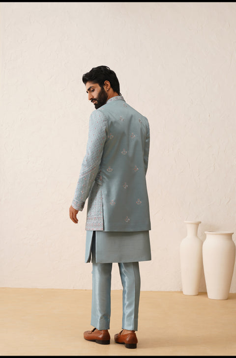 Blue Thread And Sequins Embroidered Layered Indowestern