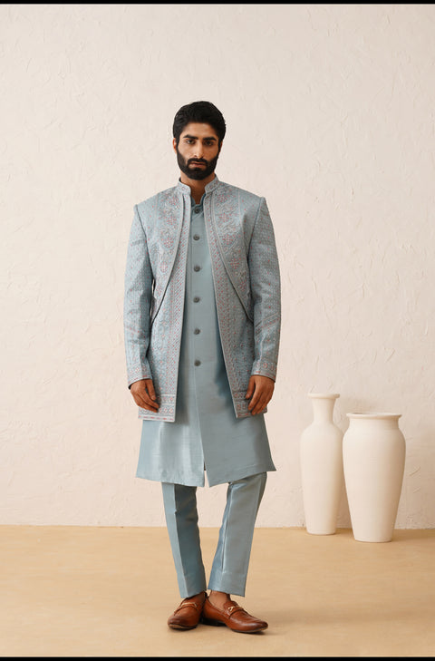 Blue Thread And Sequins Embroidered Layered Indowestern