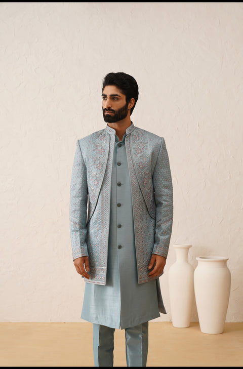 Blue Thread And Sequins Embroidered Layered Indowestern