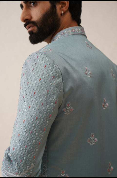 Blue Thread And Sequins Embroidered Layered Indowestern