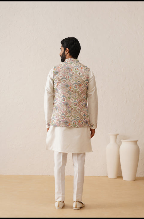 Multicolor Thread Embroidered Waistcoat Kurta Set