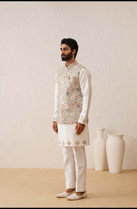 Multicolor Thread Embroidered Waistcoat Kurta Set