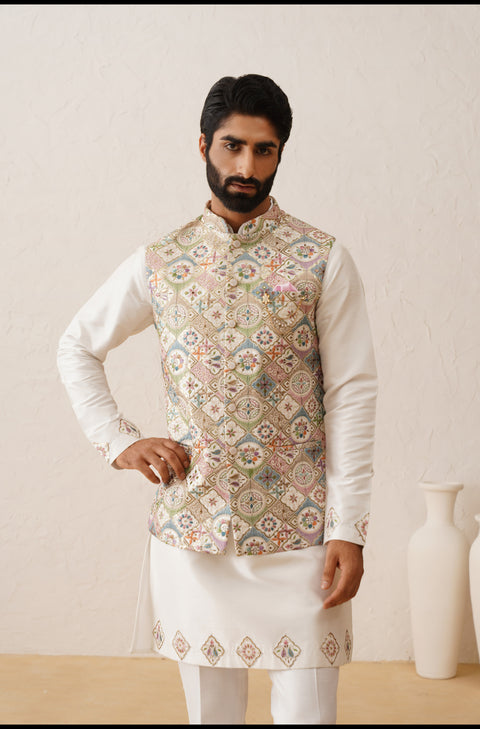 Multicolor Thread Embroidered Waistcoat Kurta Set