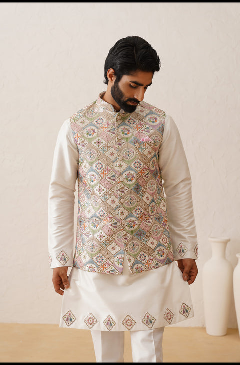 Multicolor Thread Embroidered Waistcoat Kurta Set