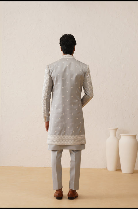 Fog Gray Resham And Zari Embroidered Indowestern On Silk