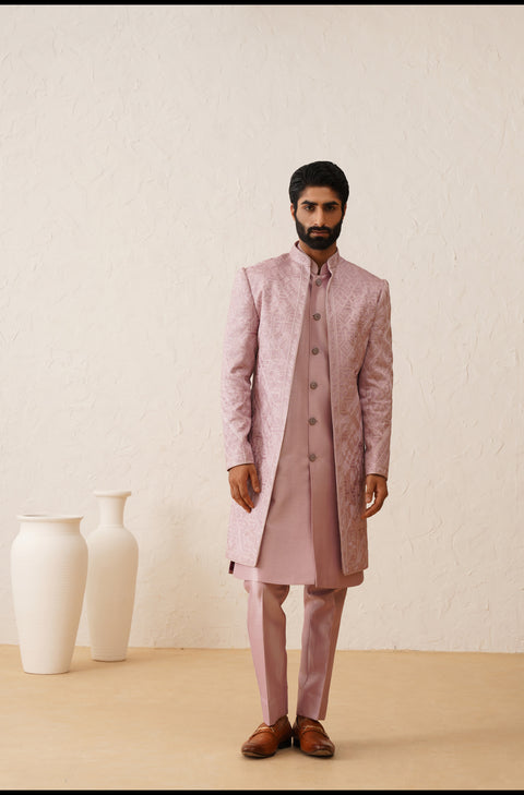 Light Pink Thread Embroidered  Open Indowestern Set