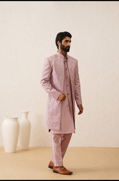 Light Pink Thread Embroidered  Open Indowestern Set