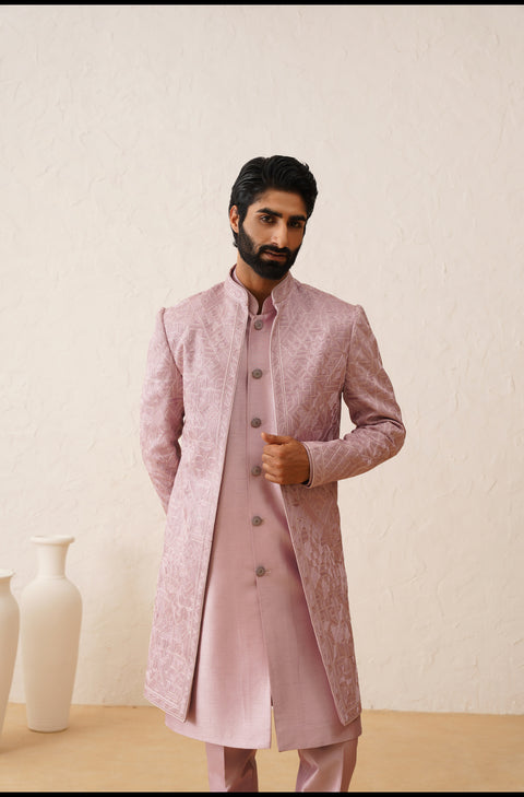 Light Pink Thread Embroidered  Open Indowestern Set