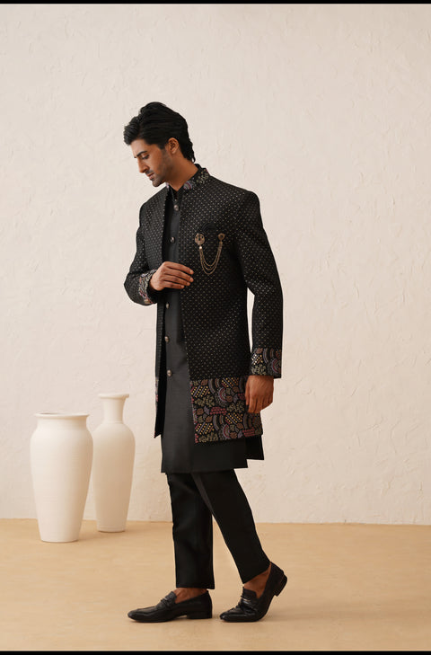 Black Sequins And Resham Embroidered Open Indowestern