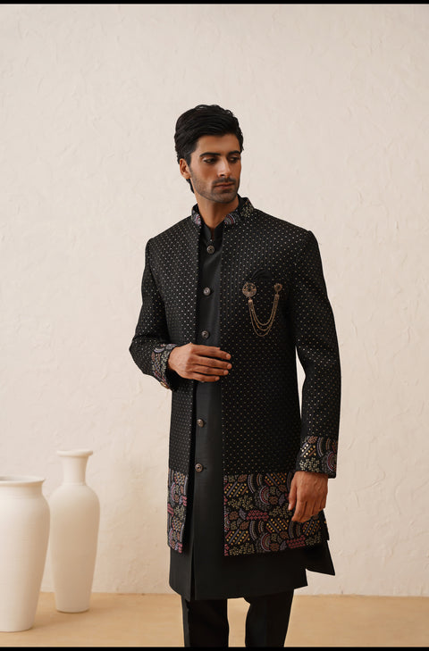 Black Sequins And Resham Embroidered Open Indowestern