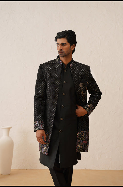 Black Sequins And Resham Embroidered Open Indowestern