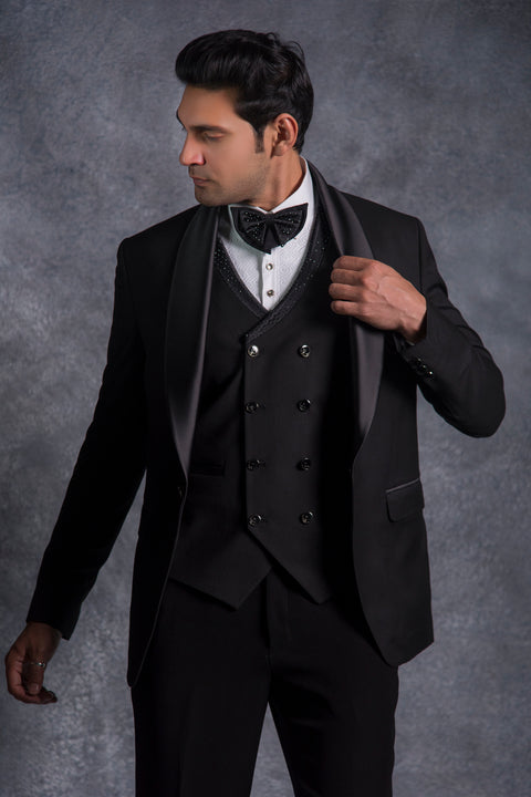 Black Shawl Collar Tuxedo in Terry Rayon