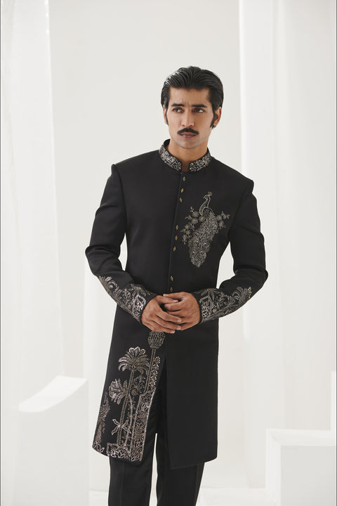 Black Pitta Embroidered Indowestern on Italian Fabric