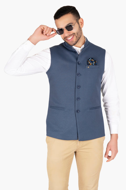 Blue Knitted Slim Fit  Waistcoat