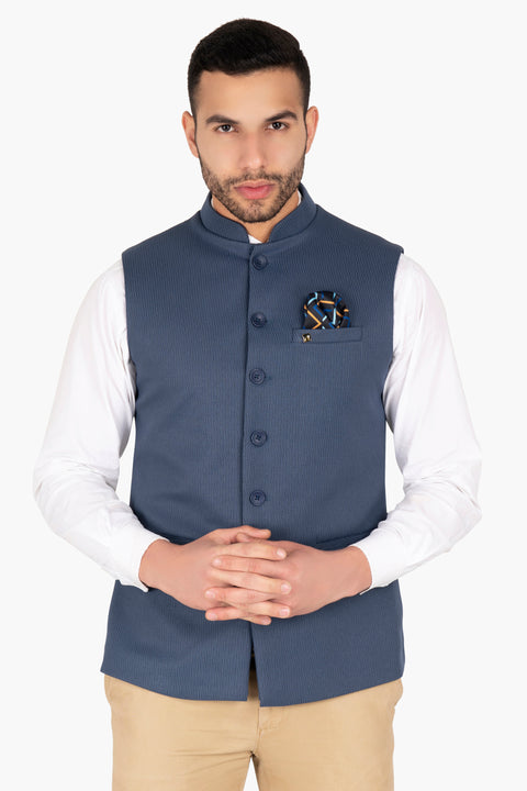 Blue Knitted Slim Fit  Waistcoat