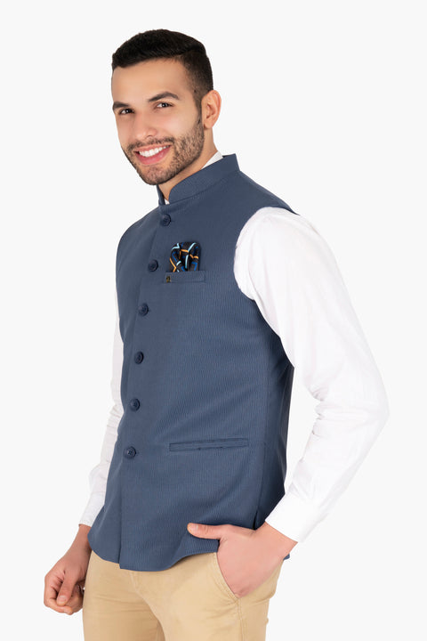 Blue Knitted Slim Fit  Waistcoat